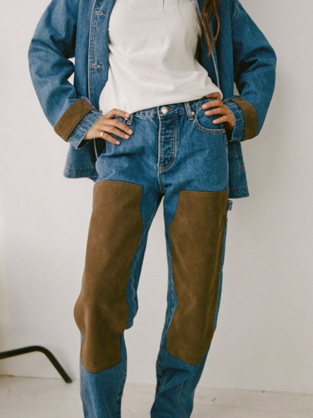 Parke Carpenter Jean - Medium Wash + Brown Suede - Size 25